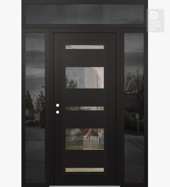 Modern Steel Front Door Diamond C10 60" x 96" black/black clear Glass Panel black RHI with 2 Sidelites and Transom mirrored Glass