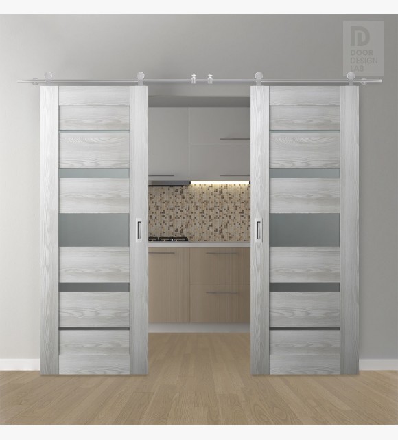 DOUBLE BARN DOOR AVON 07-03 VETRO RIBEIRA ASH 60" X 96" X 1 3/4" STAINLESS STEEL HARDWARE