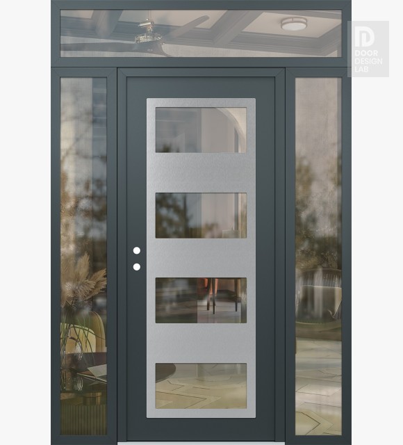 Modern Steel Front Door Diamond C2 68" x 96" anthracite/anthracite clear Glass Panel stainless steel RHI with 2 Sidelites and Transom clear Glass