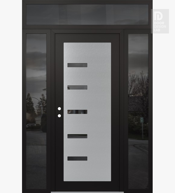 Modern Steel Front Door Diamond C8 68" x 96" black/black mirrored Glass Panel stainless steel RHI with 2 Sidelites and Transom mirrored Glass