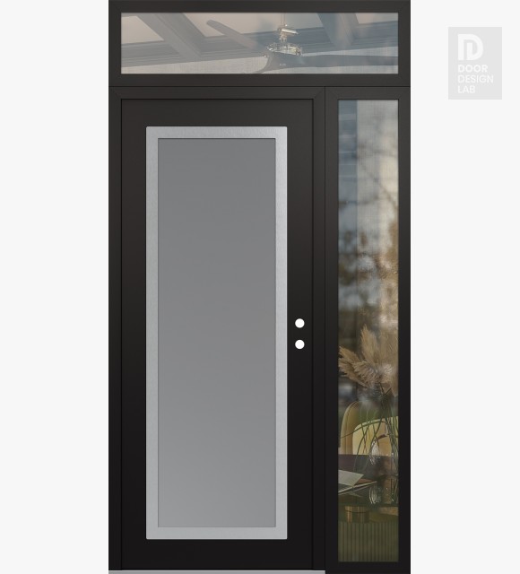 Modern Steel Front Door Diamond C1 50" x 96" black/white frosted Glass Panel stainless steel LHI with Sidelite and Transom clear Glass