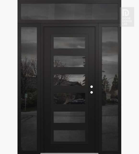 Modern Steel Front Door Diamond C9 64" x 96" black/black mirrored Glass Panel black LHI with 2 Sidelites and Transom mirrored Glass