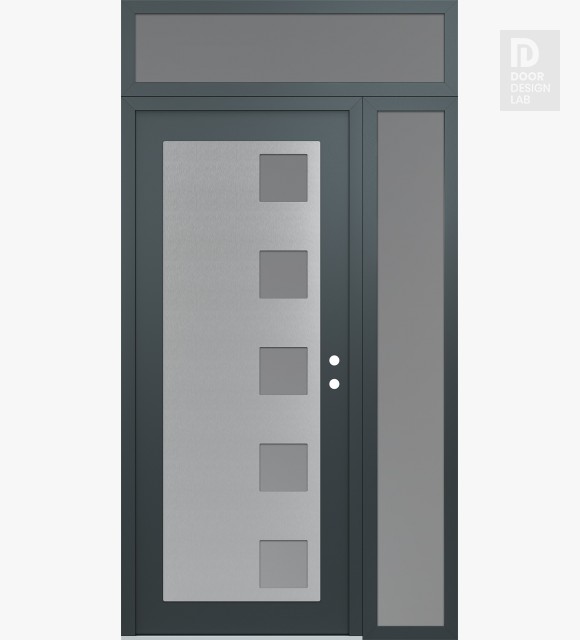 Modern Steel Front Door Diamond C5 52" x 96" anthracite/anthracite frosted Glass Panel stainless steel LHI with Sidelite and Transom frosted Glass