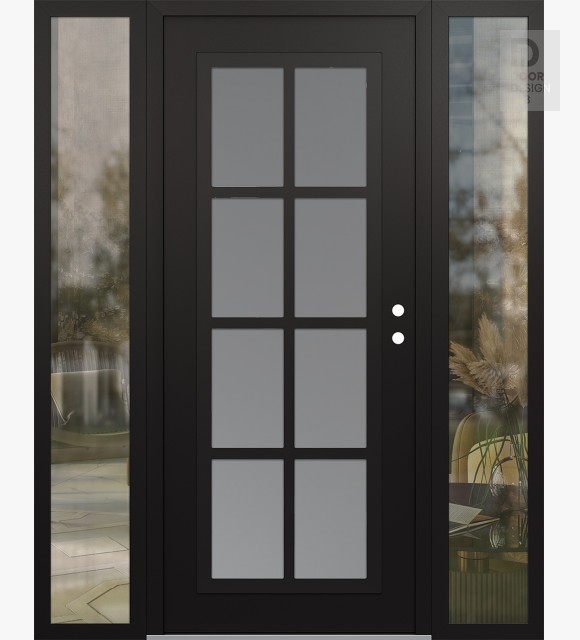 Modern Steel Front Door Diamond C16 60" x 80" black/white frosted Glass Panel black LHI with 2 Sidelites clear Glass