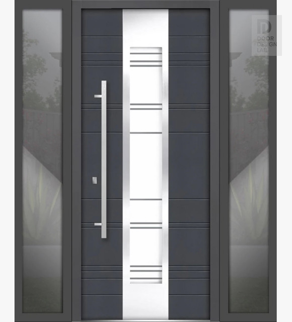 Front Exterior Prehung Steel Door / Deux 0757 Gray Graphite / 2 Side Exterior Windows / Stainless Inserts Single Modern Painted-W14+36+14" x H80"-Right-hand Inswing
