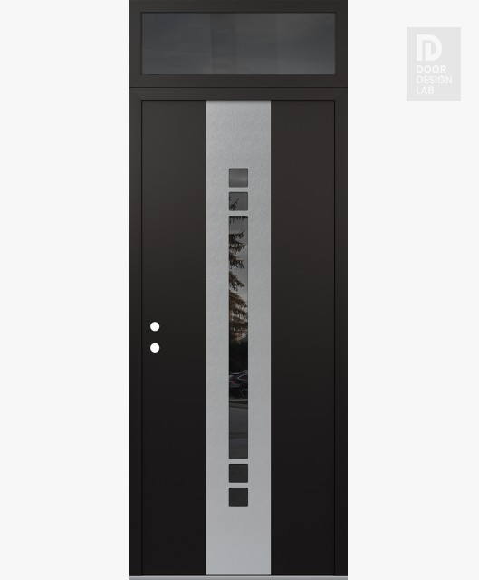 Modern Steel Front Door DIAMOND A4 36" X 96" BLACK/BLACK MIRRORED GLASS PANEL STAINLESS STEEL RHI WITH TRANSOM MIRRORED GLASS