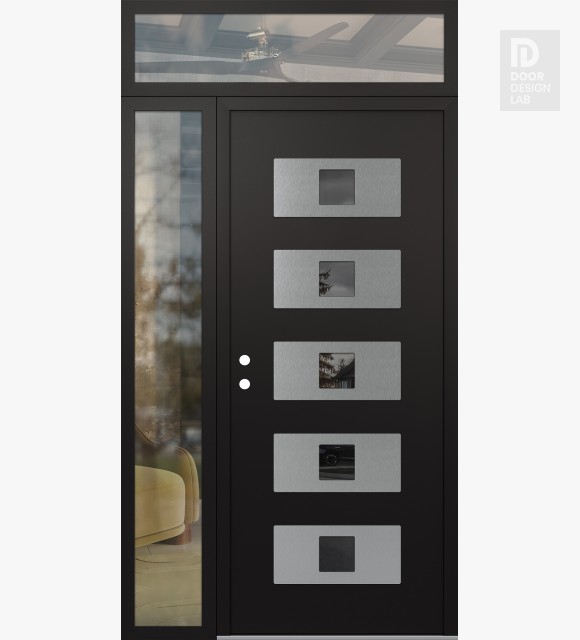 Modern Steel Front Door Diamond D8 48" x 96" black/black mirrored Glass Panel stainless steel RHI with Sidelite and Transom clear Glass