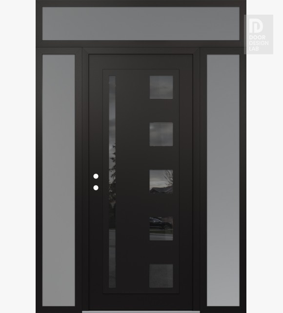 Modern Steel Front Door Diamond C3 60" x 96" black/black mirrored Glass Panel black RHI with 2 Sidelites and Transom frosted Glass
