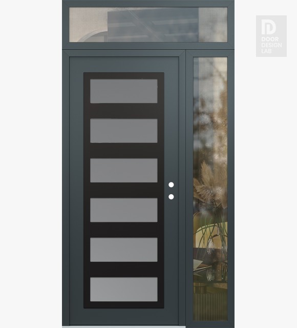 Modern Steel Front Door Diamond C9 48" x 96" anthracite/anthracite frosted Glass Panel black LHI with Sidelite and Transom clear Glass