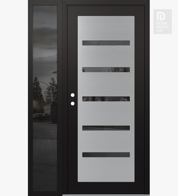 Modern Steel Front Door Diamond C7 48" x 80" black/black mirrored Glass Panel stainless steel RHI with Sidelite mirrored Glass