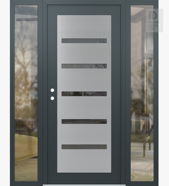 Modern Steel Front Door Diamond C7 60" x 80" anthracite/anthracite mirrored Glass Panel stainless steel RHI with 2 Sidelites clear Glass