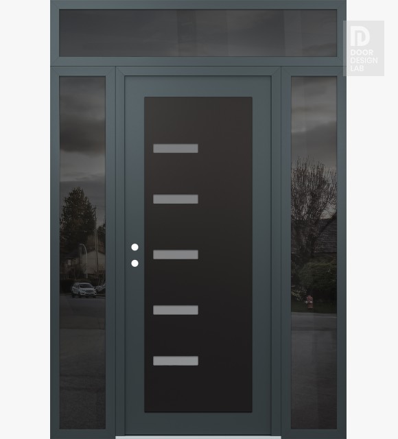 Modern Steel Front Door Diamond C8 64" x 96" anthracite/anthracite frosted Glass Panel black RHI with 2 Sidelites and Transom mirrored Glass