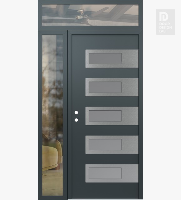 Modern Steel Front Door Diamond D3 52" x 96" anthracite/anthracite frosted Glass Panel stainless steel RHI with Sidelite and Transom clear Glass