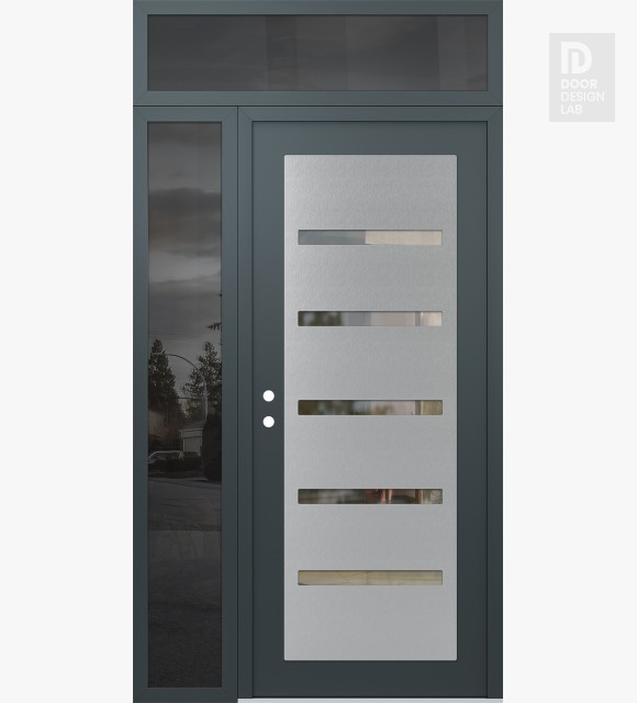 Modern Steel Front Door Diamond C7 48" x 96" anthracite/anthracite clear Glass Panel stainless steel RHI with Sidelite and Transom mirrored Glass