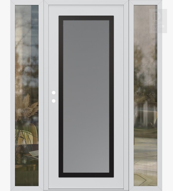 Modern Steel Front Door Diamond C1 68" x 80" white/white frosted Glass Panel black RHI with 2 Sidelites clear Glass