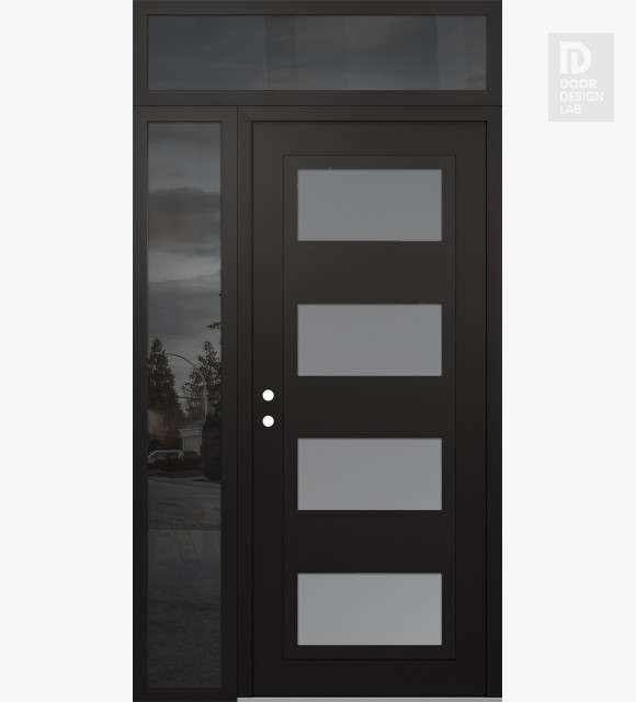 Modern Steel Front Door Diamond C2 48" x 96" black/white frosted Glass Panel black RHI with Sidelite and Transom mirrored Glass