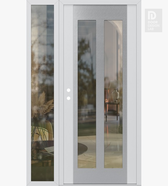 Modern Steel Front Door Diamond C14 48" x 80" white/white clear Glass Panel stainless steel RHI with Sidelite clear Glass