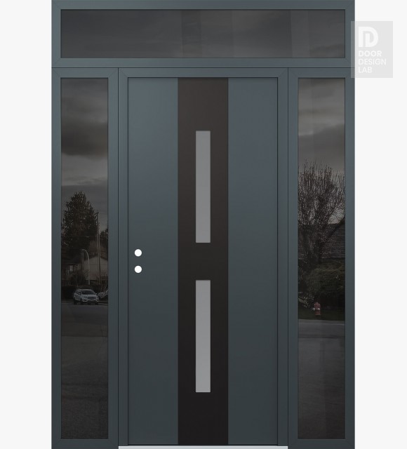 Modern Steel Front Door DIAMOND A6 60" X 96" ANTHRACITE/ANTHRACITE FROSTED GLASS PANEL BLACK RHI WITH 2 SIDELITES AND TRANSOM MIRRORED GLASS
