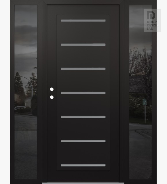Modern Steel Front Door Diamond C11 60" x 80" black/white frosted Glass Panel black RHI with 2 Sidelites mirrored Glass