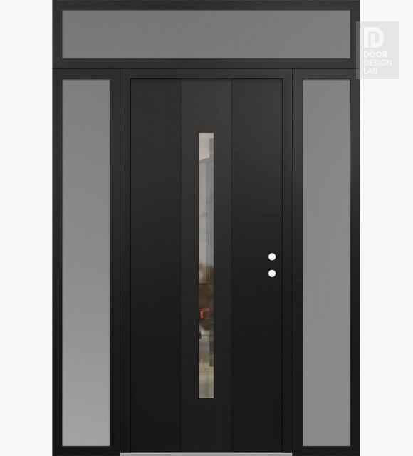 Modern Steel Front Door DIAMOND A2 60" X 96" BLACK/BLACK CLEAR GLASS PANEL BLACK LHI WITH 2 SIDELITES AND TRANSOM FROSTED GLASS