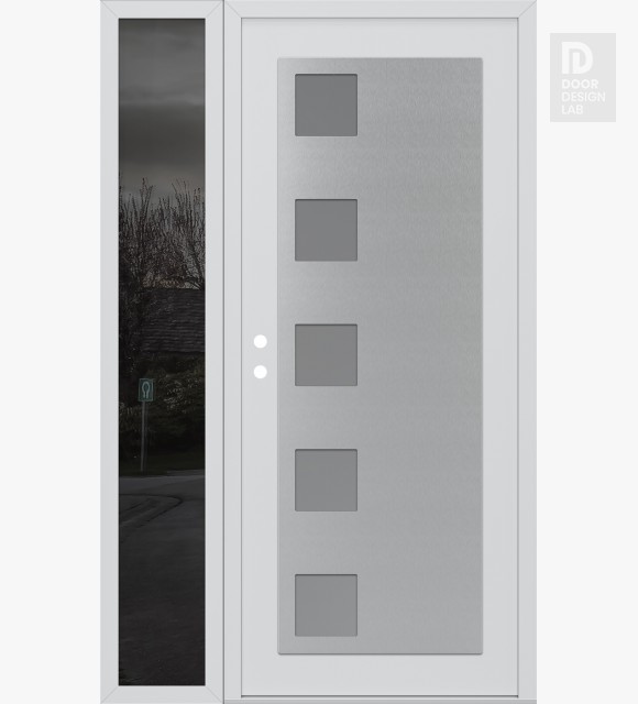 Modern Steel Front Door Diamond C5 52" x 80" white/white frosted Glass Panel stainless steel RHI with Sidelite mirrored Glass