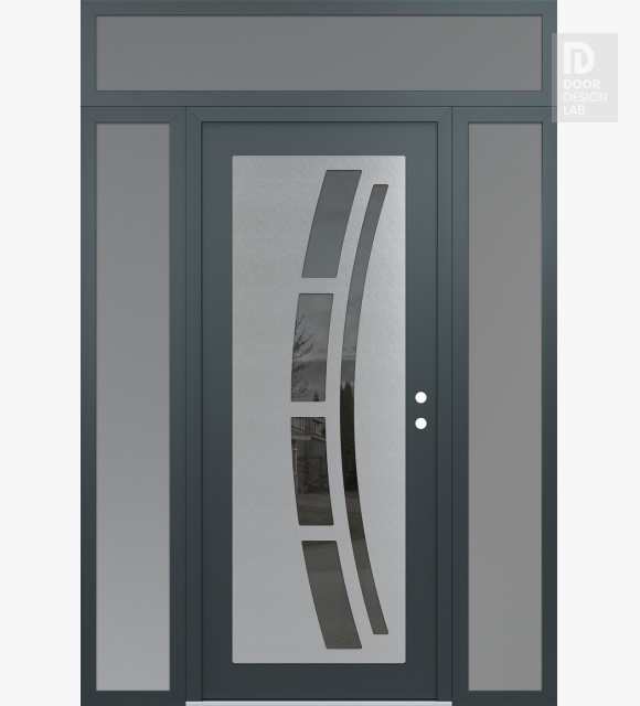 Modern Steel Front Door Diamond C12 60" x 96" anthracite/anthracite mirrored Glass Panel stainless steel LHI with 2 Sidelites and Transom frosted Glass