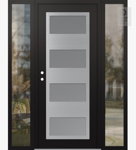 Modern Steel Front Door Diamond C2 68" x 80" black/white frosted Glass Panel stainless steel RHI with 2 Sidelites clear Glass