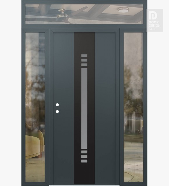 Modern Steel Front Door DIAMOND A5 60" X 96" ANTHRACITE/ANTHRACITE FROSTED GLASS PANEL BLACK RHI WITH 2 SIDELITES AND TRANSOM CLEAR GLASS