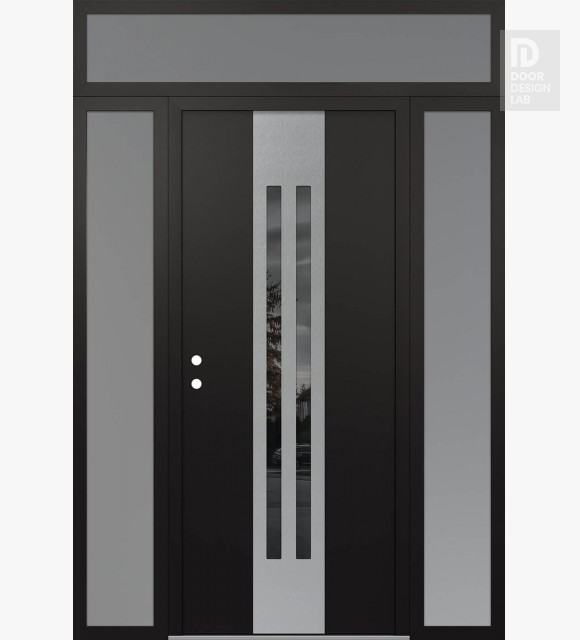 Modern Steel Front Door DIAMOND A8 64" X 96" BLACK/BLACK MIRRORED GLASS PANEL STAINLESS STEEL RHI WITH 2 SIDELITES AND TRANSOM FROSTED GLASS