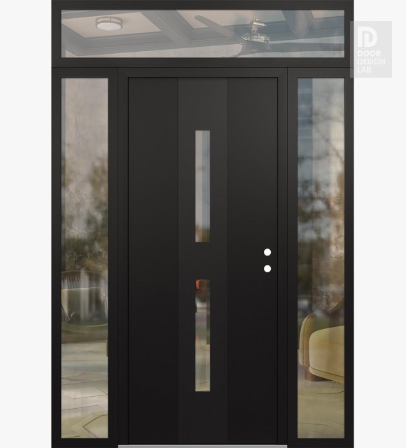 Modern Steel Front Door DIAMOND A6 64" X 96" BLACK/BLACK CLEAR GLASS PANEL BLACK LHI WITH 2 SIDELITES AND TRANSOM CLEAR GLASS