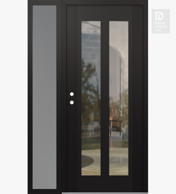 Modern Steel Front Door Diamond C14 50" x 80" black/black clear Glass Panel black RHI with Sidelite frosted Glass