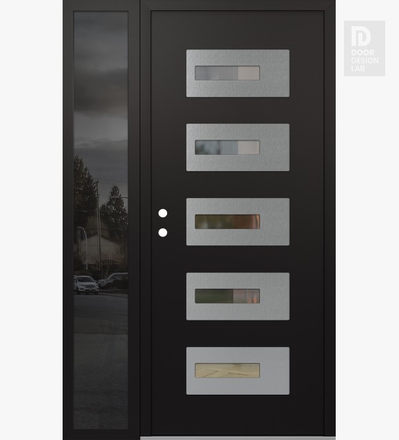 Modern Steel Front Door Diamond D6 50" x 80" black/black clear Glass Panel stainless steel RHI with Sidelite mirrored Glass