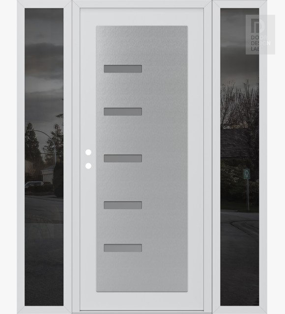 Modern Steel Front Door Diamond C8 68" x 80" white/white frosted Glass Panel stainless steel RHI with 2 Sidelites mirrored Glass