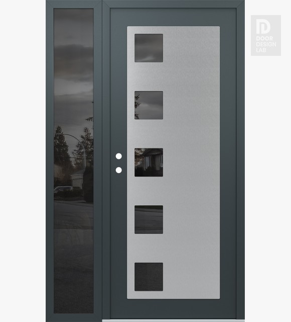 Modern Steel Front Door Diamond C5 50" x 80" anthracite/anthracite mirrored Glass Panel stainless steel RHI with Sidelite mirrored Glass