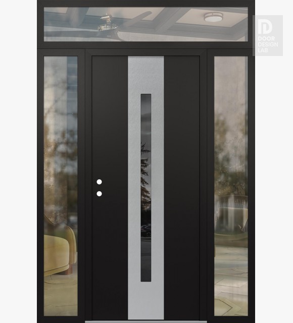 Modern Steel Front Door DIAMOND A2 64" X 96" BLACK/BLACK MIRRORED GLASS PANEL STAINLESS STEEL RHI WITH 2 SIDELITES AND TRANSOM CLEAR GLASS