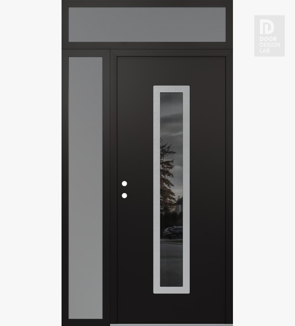 Modern Steel Front Door DIAMOND A11 48" X 96" BLACK/BLACK MIRRORED GLASS PANEL STAINLESS STEEL RHI WITH SIDELITE AND TRANSOM FROSTED GLASS