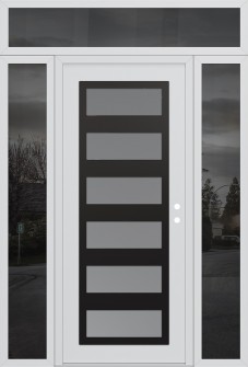 Diamond C9 64" x 96" white/white frosted Glass Panel black LHI with 2 Sidelites and Transom mirrored Glass