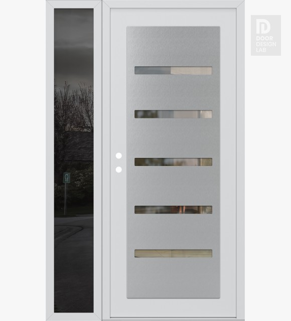 Modern Steel Front Door Diamond C7 52" x 80" white/white clear Glass Panel stainless steel RHI with Sidelite mirrored Glass