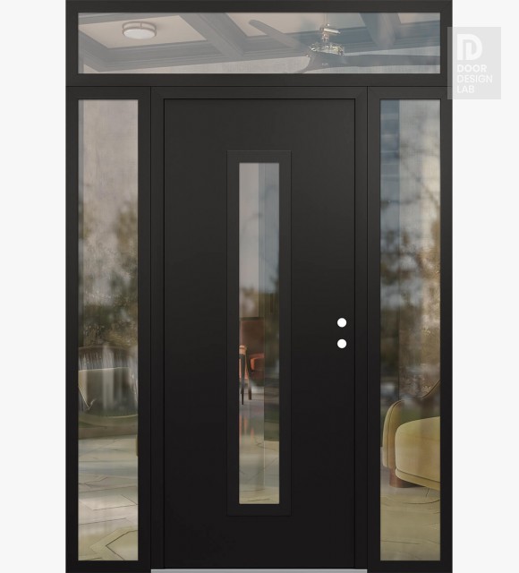 Modern Steel Front Door DIAMOND A11 64" X 96" BLACK/BLACK CLEAR GLASS PANEL BLACK LHI WITH 2 SIDELITES AND TRANSOM CLEAR GLASS
