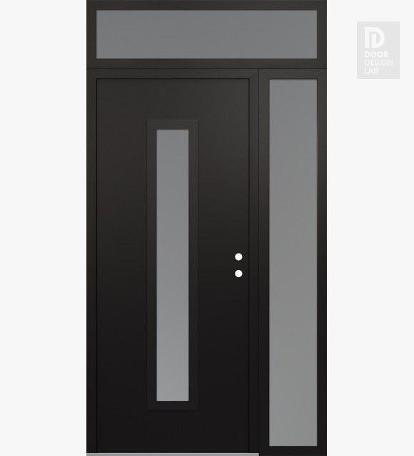 Modern Steel Front Door DIAMOND A11 52" X 96" BLACK/WHITE FROSTED GLASS PANEL BLACK LHI WITH SIDELITE AND TRANSOM FROSTED GLASS