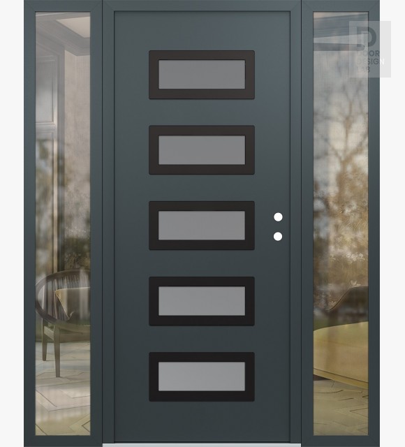Modern Steel Front Door Diamond D1 68" x 80" anthracite/anthracite frosted Glass Panel black LHI with 2 Sidelites clear Glass