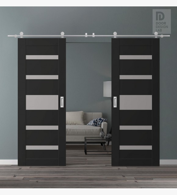 DOUBLE BARN DOOR AVON 07-05 VETRO BLACK MATTE 72" X 84" X 1 3/4" STAINLESS STEEL HARDWARE