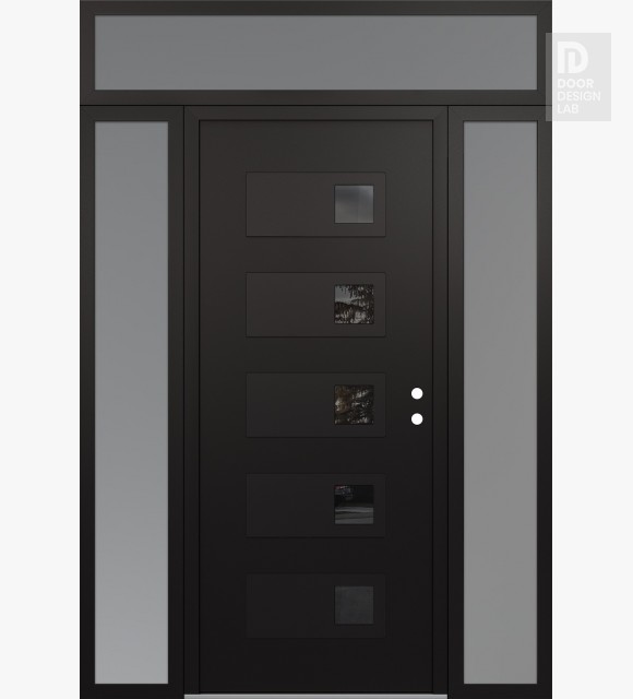 Modern Steel Front Door Diamond D2 64" x 96" black/black mirrored Glass Panel black LHI with 2 Sidelites and Transom frosted Glass