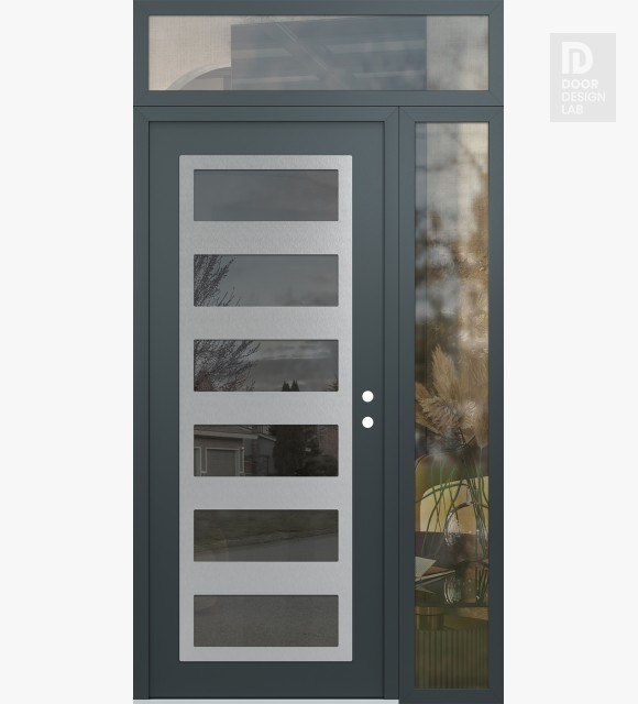 Modern Steel Front Door Diamond C9 48" x 96" anthracite/anthracite mirrored Glass Panel stainless steel LHI with Sidelite and Transom clear Glass