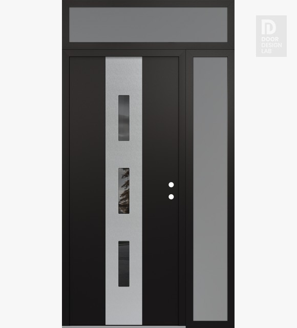Modern Steel Front Door DIAMOND A7 50" X 96" BLACK/BLACK MIRRORED GLASS PANEL STAINLESS STEEL LHI WITH SIDELITE AND TRANSOM FROSTED GLASS