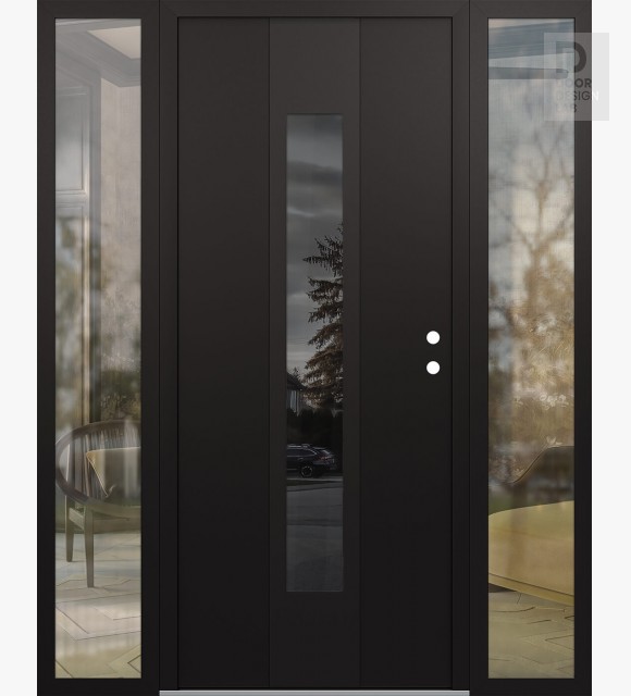 Modern Steel Front Door DIAMOND A1 60" X 80" BLACK/BLACK MIRRORED GLASS PANEL BLACK LHI WITH 2 SIDELITES CLEAR GLASS