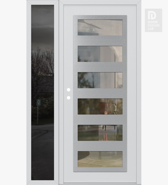 Modern Steel Front Door Diamond C9 52" x 80" white/white clear Glass Panel stainless steel RHI with Sidelite mirrored Glass