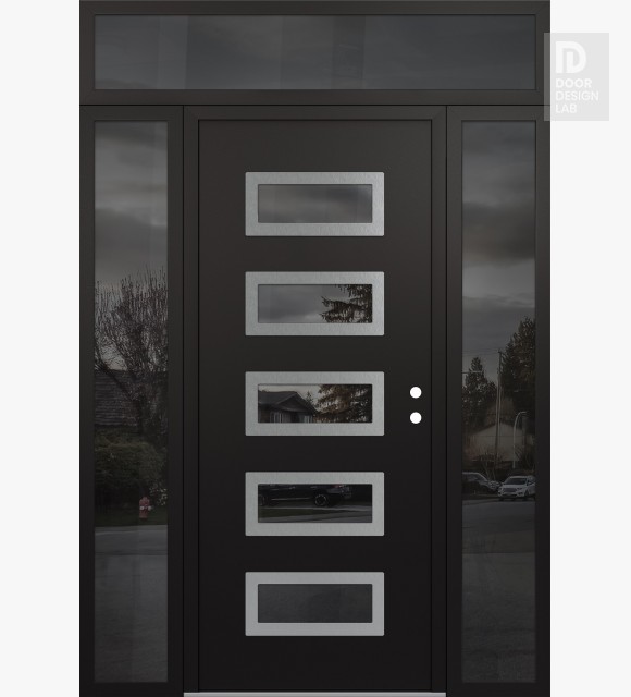 Modern Steel Front Door Diamond D1 64" x 96" black/black mirrored Glass Panel stainless steel LHI with 2 Sidelites and Transom mirrored Glass
