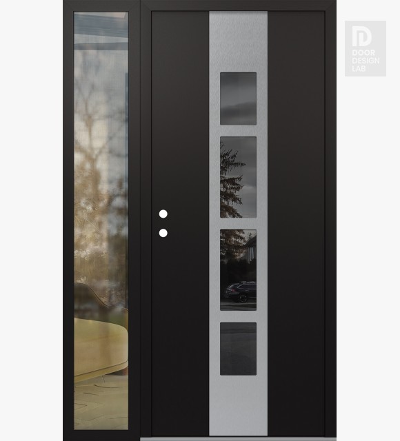 Modern Steel Front Door DIAMOND A10 48" X 80" BLACK/BLACK MIRRORED GLASS PANEL STAINLESS STEEL RHI WITH SIDELITE CLEAR GLASS