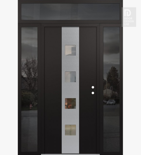 Modern Steel Front Door DIAMOND A12 68" X 96" BLACK/BLACK CLEAR GLASS PANEL STAINLESS STEEL LHI WITH 2 SIDELITES AND TRANSOM MIRRORED GLASS